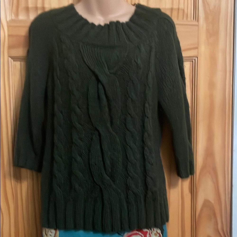 Anne Klein Forest Green Cable Knit Crew Neck Sweater